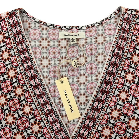 Max Studio NWT geometric faux wrap blouson sleeveless shirt tail top womens sz L - Picture 5 of 7